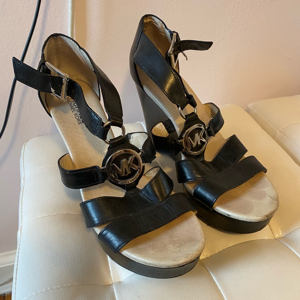 Michael Kors leather wedges with silver logo